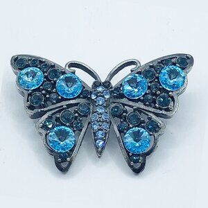 Blue Rhinestone Butterfly Brooch | Pewter Tone Pin